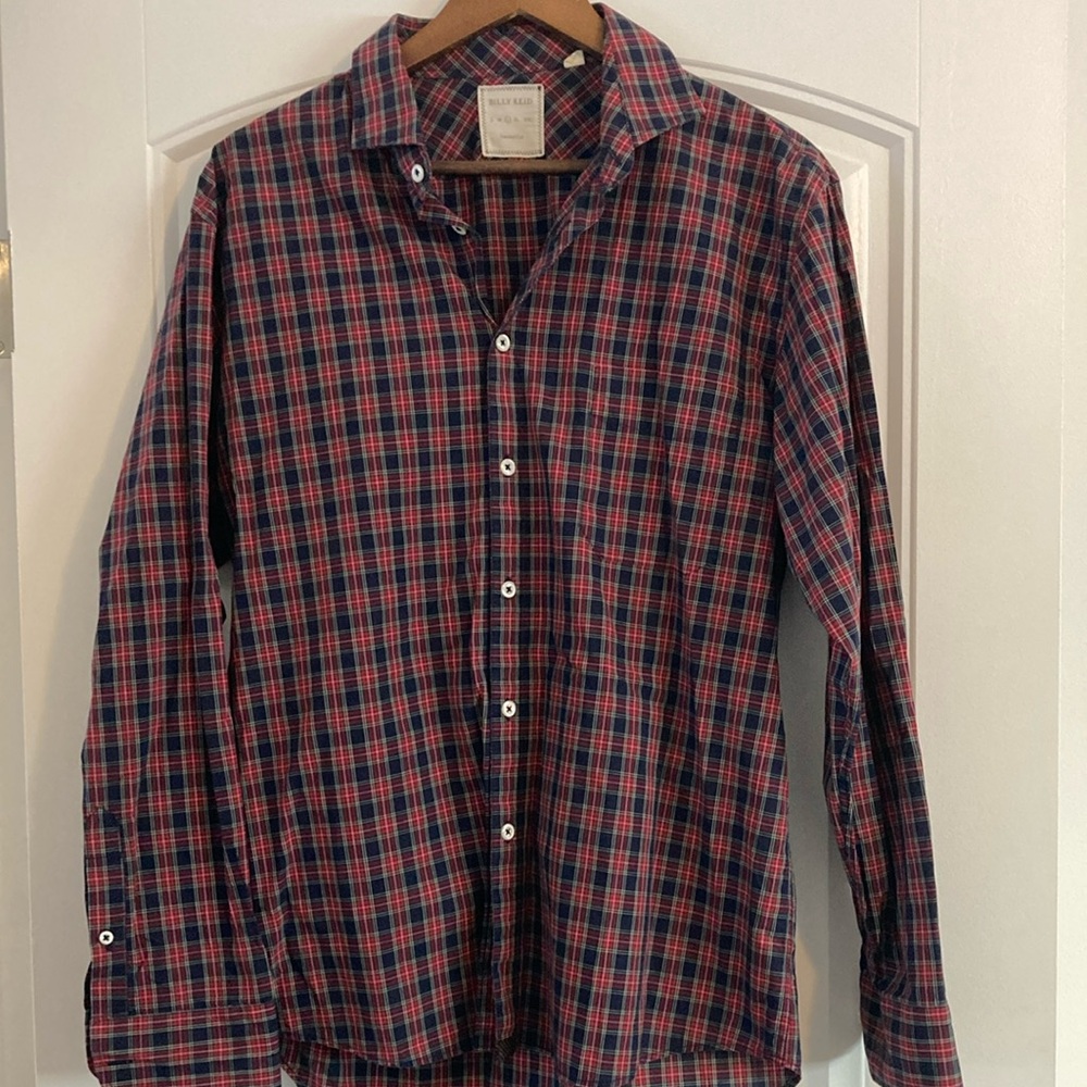 Billy Reid Men's Red and Blue Plaid Shirt